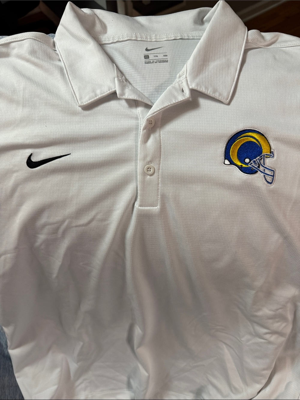 Nike White Men’s Polo with Blue and Yellow Rams Helmet Logo